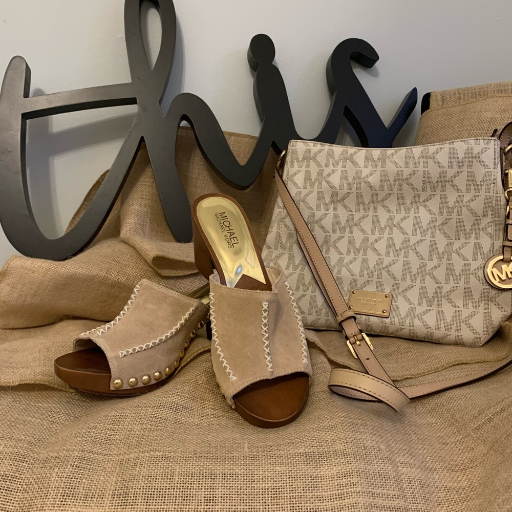 Michael Kors suede, wood sandals with heel